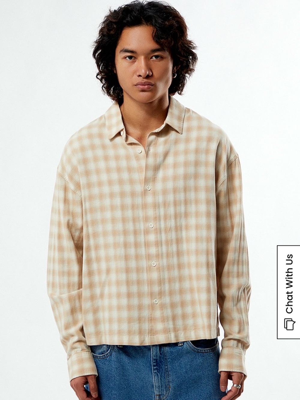 Men's Long-Sleeve Plaid Shirt boxy fit - Beige xl